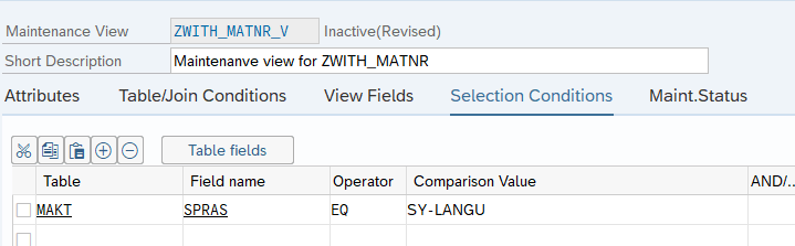 Maintenance view - selection conditions